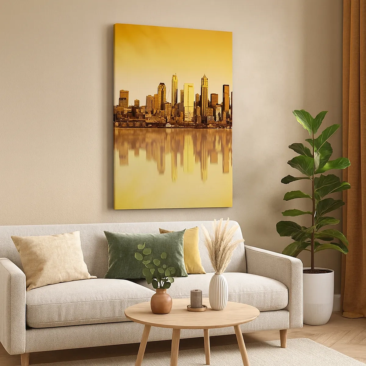 Bild auf Leinwand - Leinwandbild - Stadtpanorama spiegelt sich im Wasser bei Sonnenuntergang - 50x70cm - Die Stille der Metropole - Moderne Wanddekoration für Wohnzimmer und Schlafzimmer ARTTOR