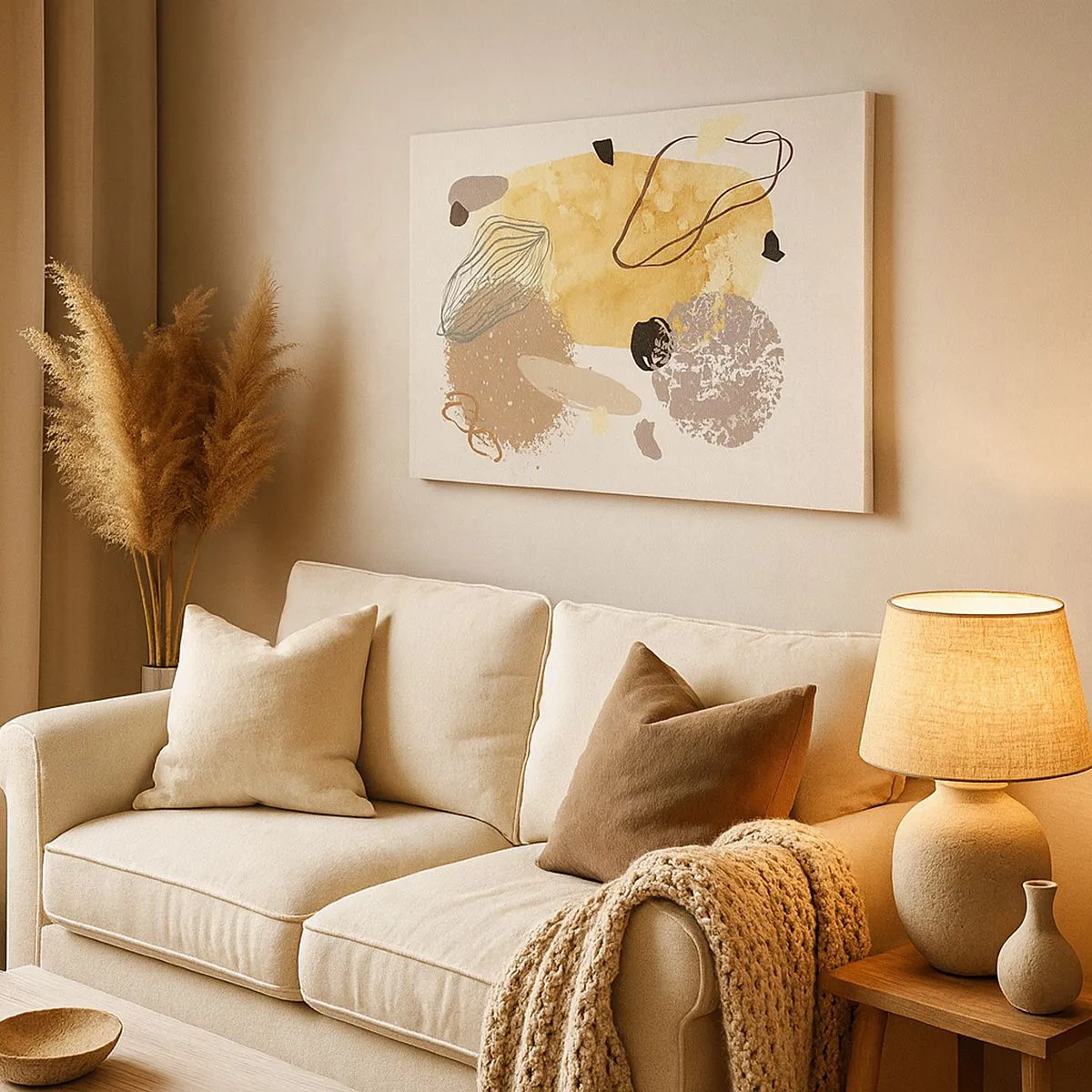 Bild auf Leinwand - Leinwandbild - Eine Komposition aus abstrakten Formen in Beige und Gelb. - 70x50cm - Angewandte Plumkologie - Moderne Wanddekoration für Wohnzimmer und Schlafzimmer ARTTOR