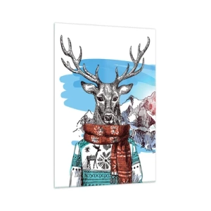 Glasbild - Bild auf glas - Ein Hirsch im Winterpullover vor einer Berglandschaft - 70x100cm - Auch ein Reh friert nicht - Moderne Wanddekoration für Wohnzimmer und Schlafzimmer ARTTOR