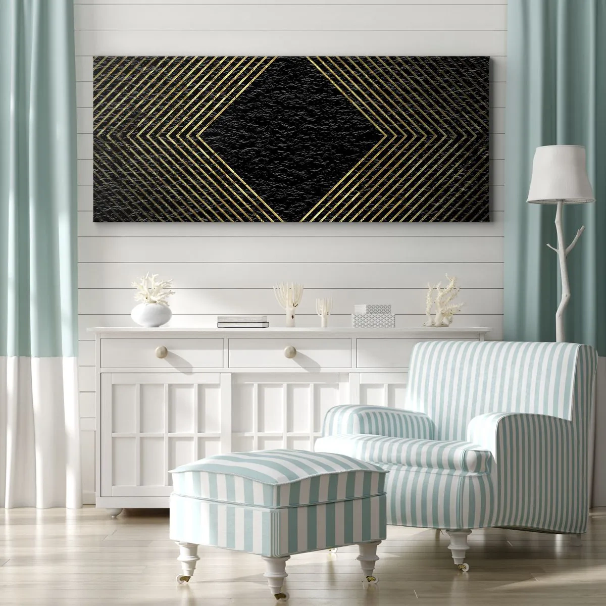 Bild auf Leinwand - Leinwandbild - Schwarzer Hintergrund mit einem geometrischen Muster aus goldenen Linien - 120x50cm - Geometrie im glamourösen Stil - Moderne Wanddekoration für Wohnzimmer und Schlafzimmer ARTTOR