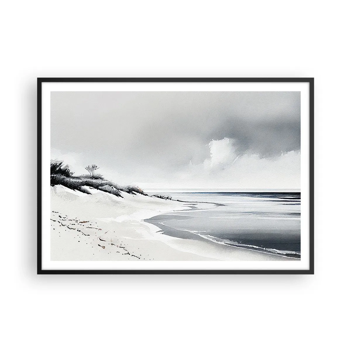Poster in einem schwarzem Rahmen - Ein Strand in gedämpften Grau- und Blautönen - 100x70cm - Für immer zusammen - Moderne Wanddekoration für Wohnzimmer und Schlafzimmer ARTTOR