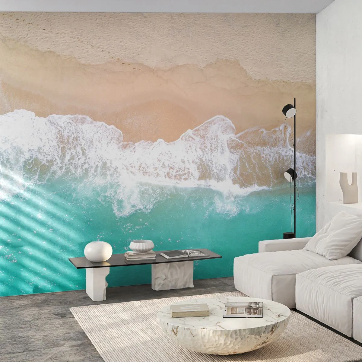 Fototapete Premium Sand - Luftaufnahme des Strandes und der Meereswellen - 100x70cm - Eine streichelnde Berührung - Moderne Wanddekoration für Wohnzimmer und Schlafzimmer ARTTOR