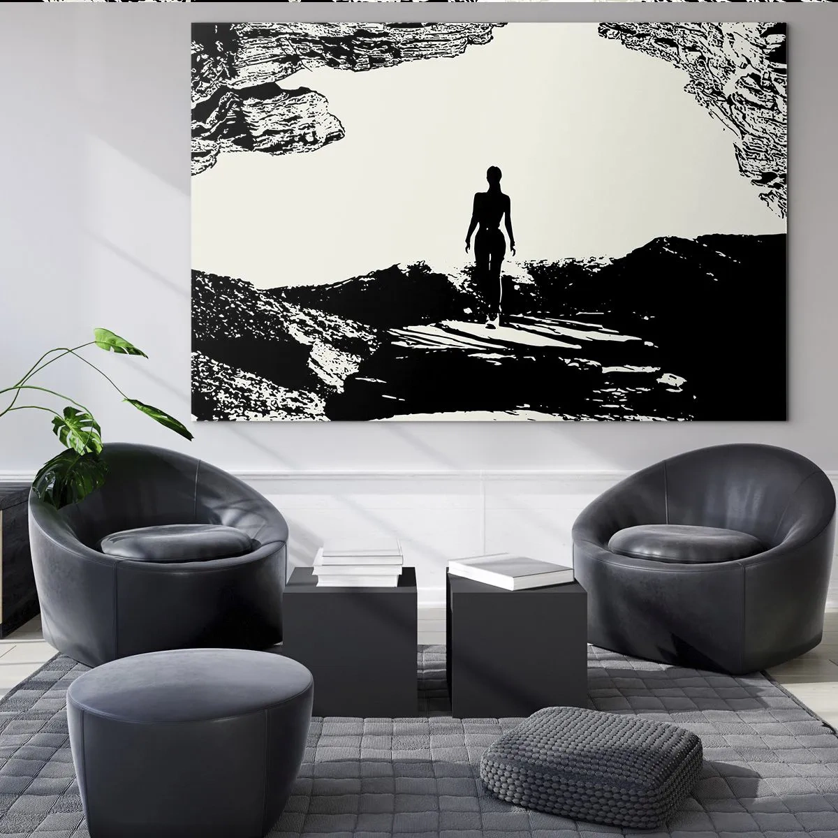 Glasbild - Bild auf glas - Silhouette einer Frau, die aus einer Höhle auftaucht, in Schwarz-Weiß-Grafiken - 70x50cm - Neuer Blick - Moderne Wanddekoration für Wohnzimmer und Schlafzimmer ARTTOR