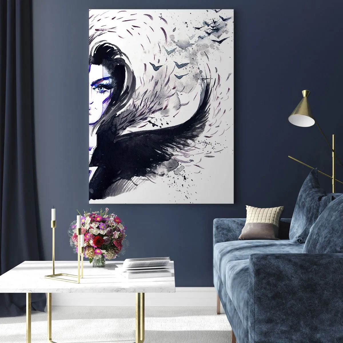 Glasbild - Bild auf glas - Abstraktes Gesicht mit kontrastierenden Elementen und einem Flügelmotiv - 70x100cm - Dämonisch und schön - Moderne Wanddekoration für Wohnzimmer und Schlafzimmer ARTTOR