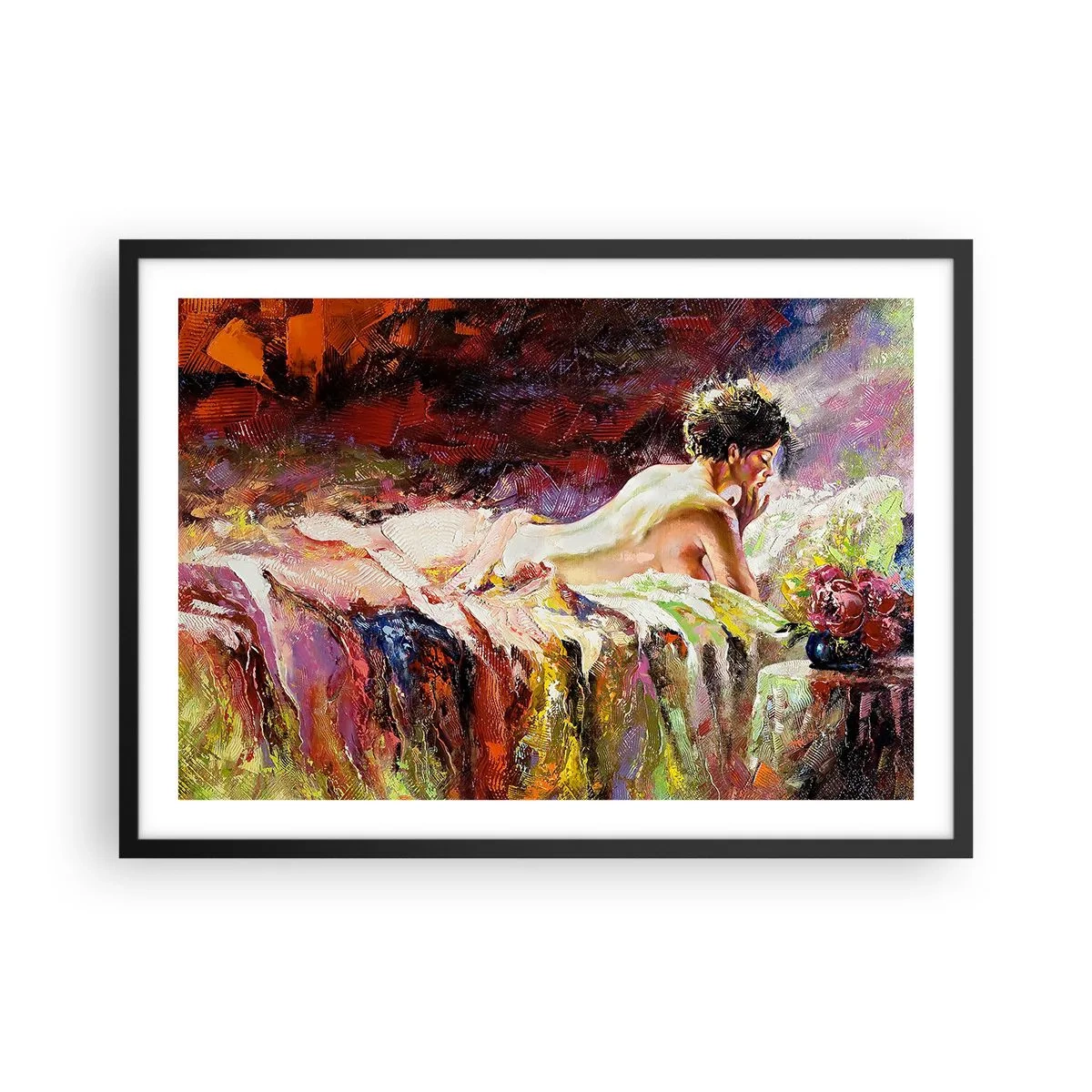 Poster in einem schwarzem Rahmen - Eine Frau liegt auf einem Bett vor einem Hintergrund aus abstrakten Farben. - 70x50cm - Venus in Gedanken - Moderne Wanddekoration für Wohnzimmer und Schlafzimmer ARTTOR
