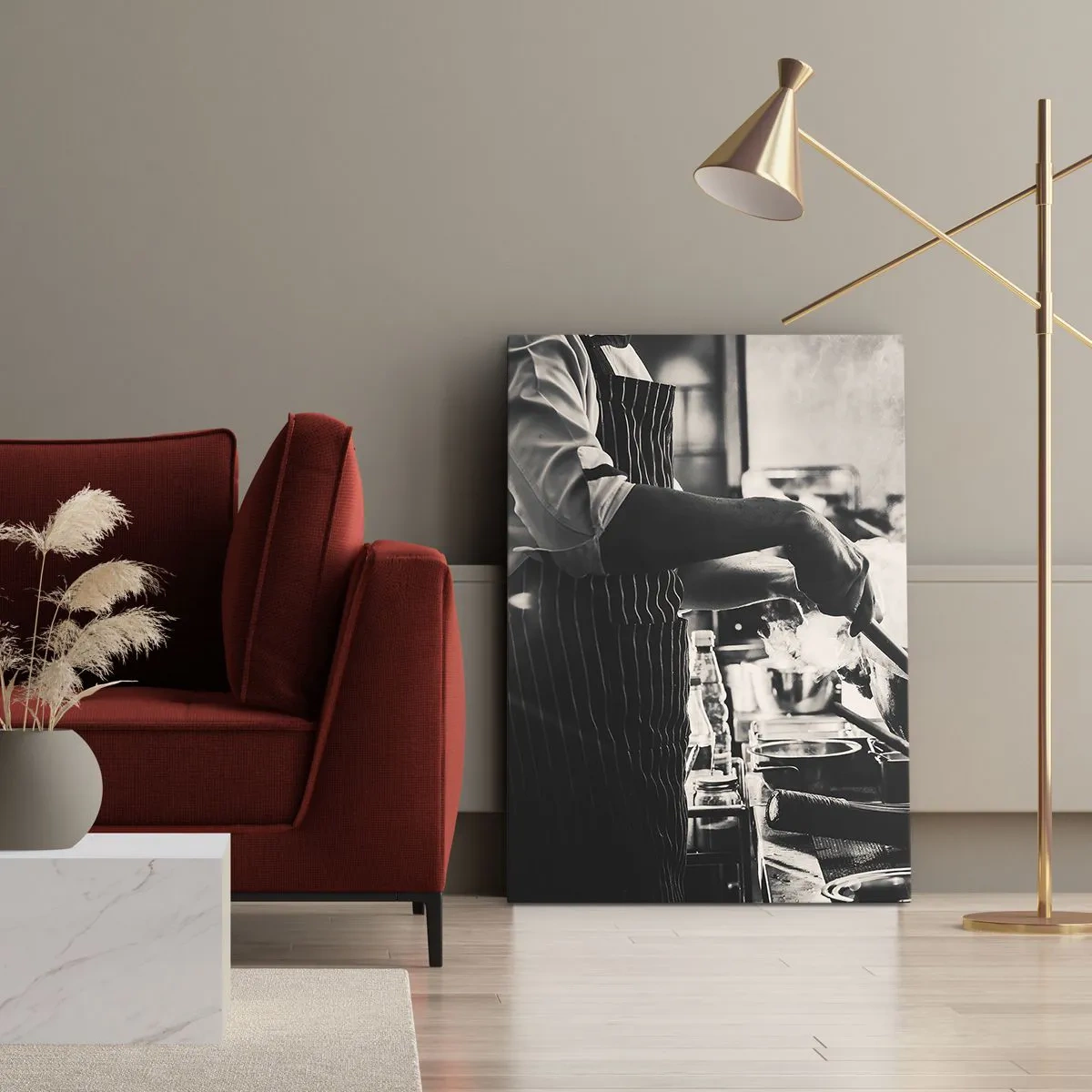 Bild auf Leinwand - Leinwandbild - Ein Koch bei der Arbeit in der Küche, aus einer Bratpfanne steigt Dampf auf - 80x120cm - Alchemie der Aromen - Moderne Wanddekoration für Wohnzimmer und Schlafzimmer ARTTOR