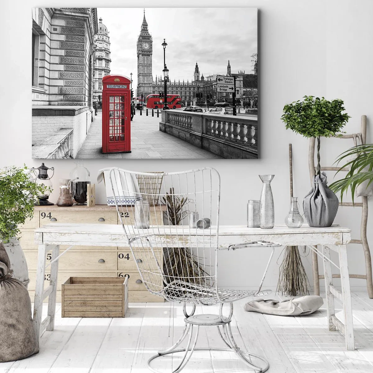 Bild auf Leinwand - Leinwandbild - Eine rote Telefonzelle mit Big Ben im Hintergrund in London - 70x50cm - London, ohne Zweifel - Moderne Wanddekoration für Wohnzimmer und Schlafzimmer ARTTOR