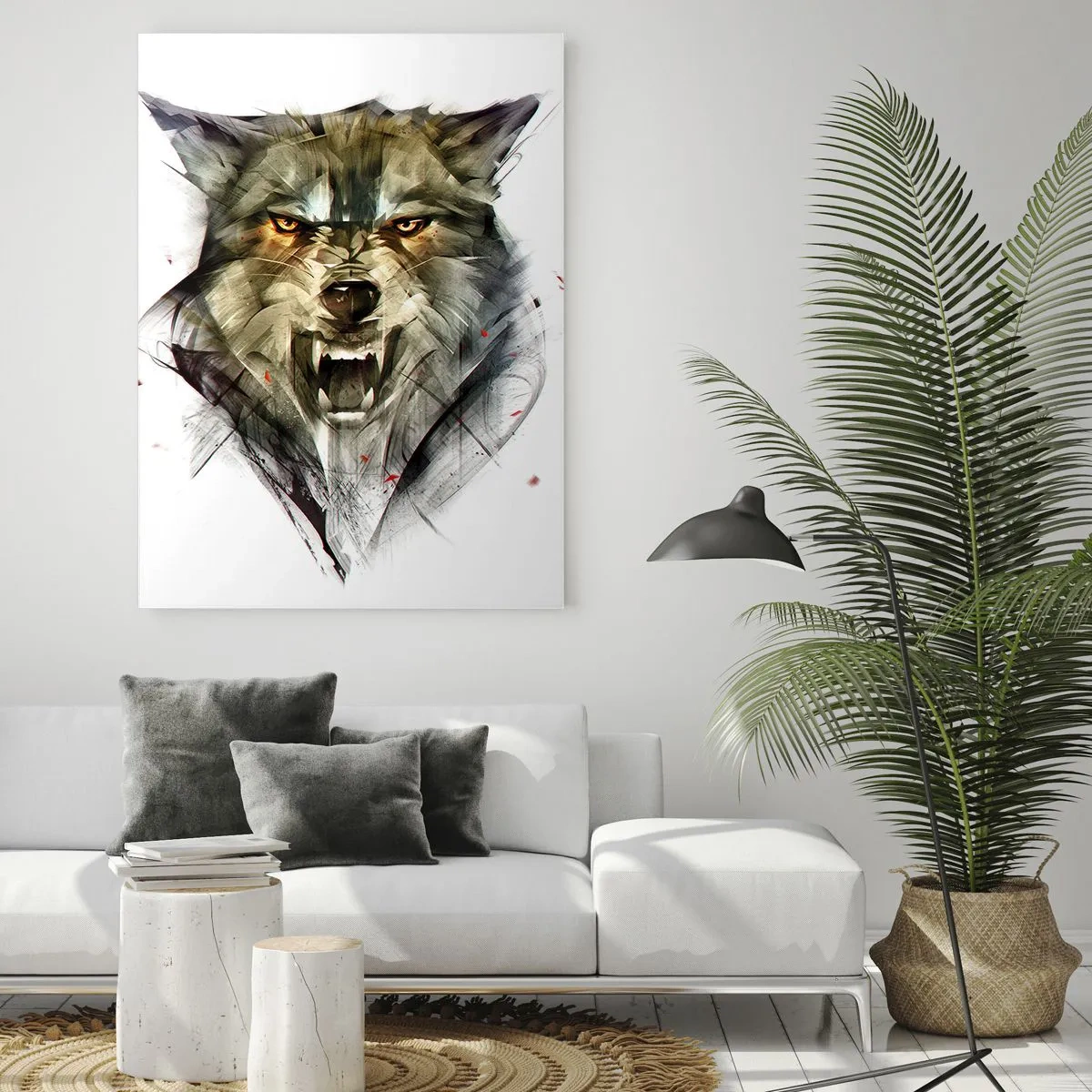 Glasbild - Bild auf glas - Ein gefährlicher Wolf in dynamischer, künstlerischer Form - 70x100cm - Kein Schritt näher! - Moderne Wanddekoration für Wohnzimmer und Schlafzimmer ARTTOR
