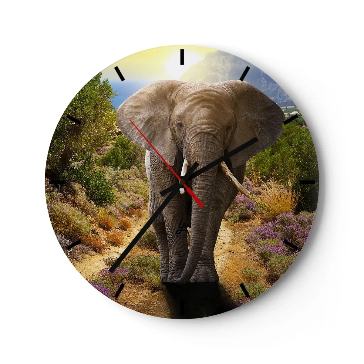 Wanduhr - Glasuhr - Ein Elefant im Hintergrund der Natur an einem sonnigen Tag - 30x30cm - So sah Eden aus - Moderne Wanddekoration für Wohnzimmer, Küche und Schlafzimmer ARTTOR