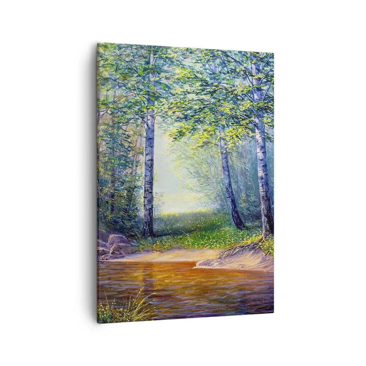 Bild auf Leinwand - Leinwandbild - Ein Waldbach, umgeben von Birken und Sonnenschein - 50x70cm - Idyllische Landschaft - Moderne Wanddekoration für Wohnzimmer und Schlafzimmer ARTTOR