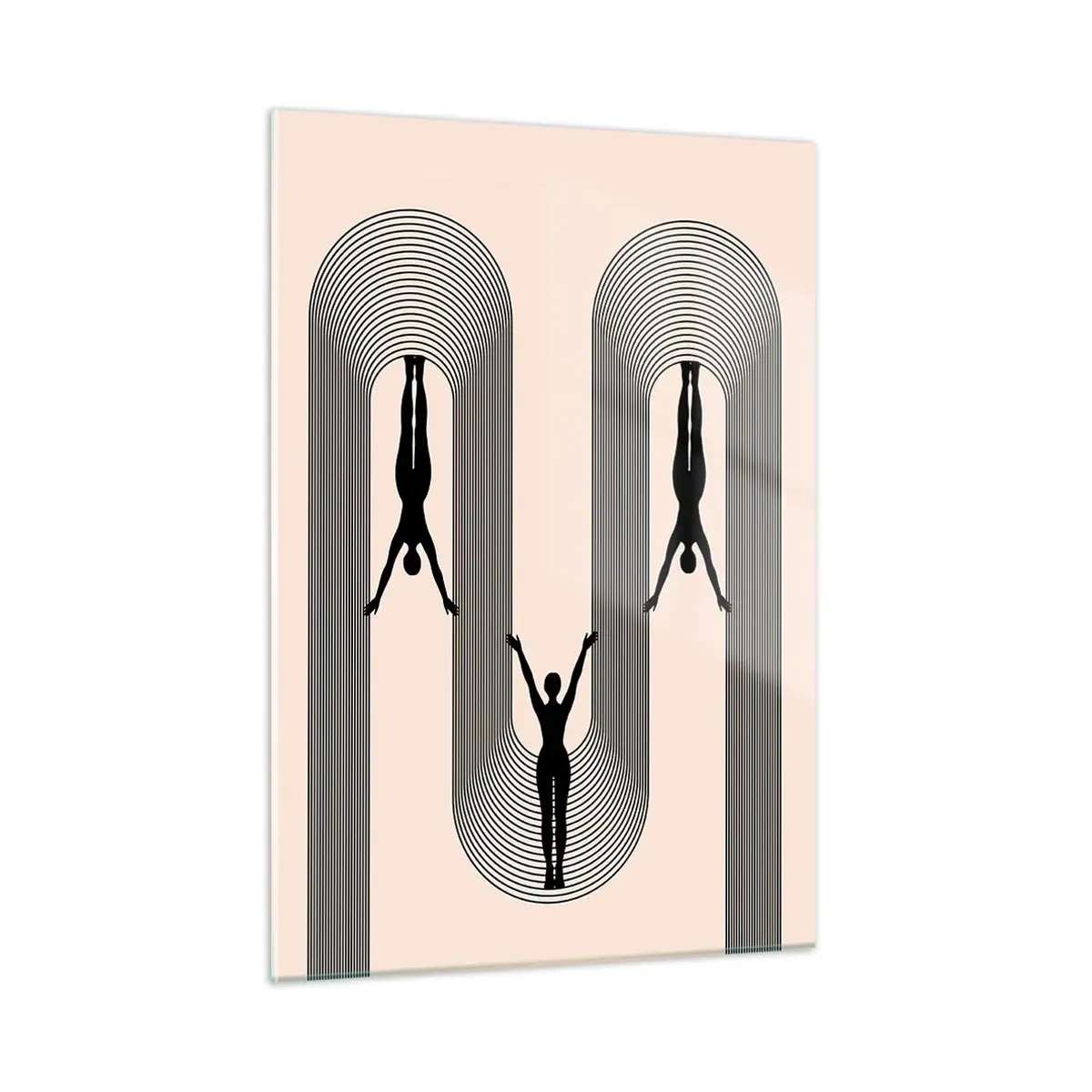 Glasbild - Bild auf glas - Schwarze Silhouetten von Figuren, die in rhythmischen Bögen schweben - 50x70cm - Verkehrt herum - Moderne Wanddekoration für Wohnzimmer und Schlafzimmer ARTTOR