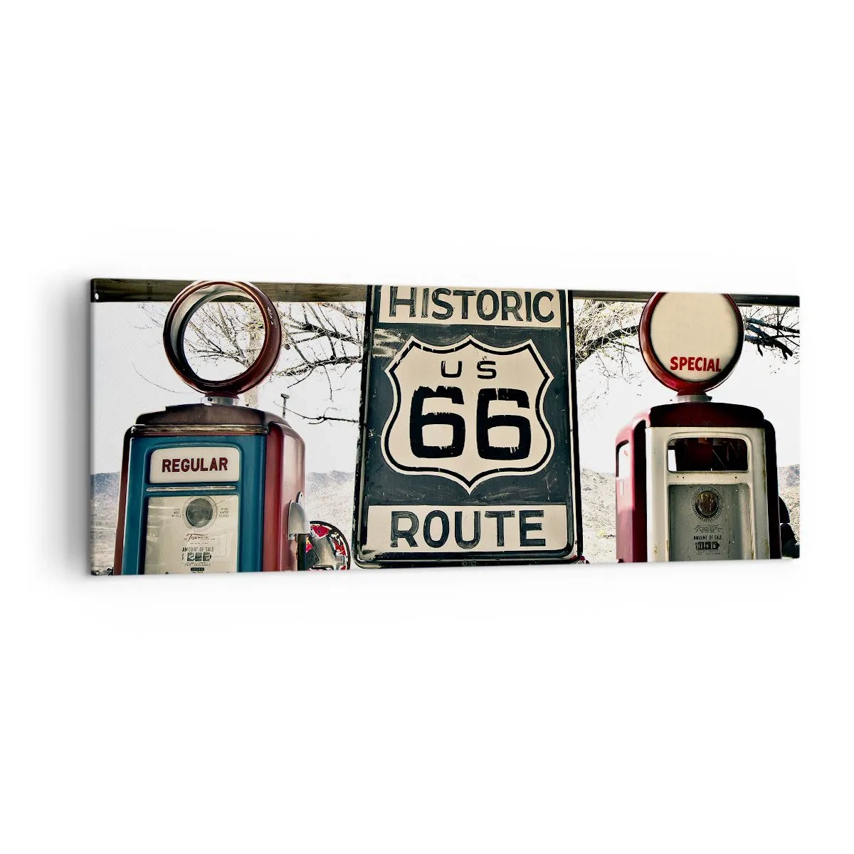 Bild auf Leinwand - Leinwandbild - Historische Tankstelle an der Route 66 - 140x50cm - Amerikanische Retro-Reise - Moderne Wanddekoration für Wohnzimmer und Schlafzimmer ARTTOR