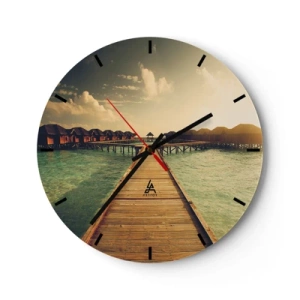 Wanduhr - Glasuhr - Der Steg zu den Wasserhäusern im Abendlicht - 30x30cm - Eine herzliche Einladung - Moderne Wanddekoration für Wohnzimmer, Küche und Schlafzimmer ARTTOR