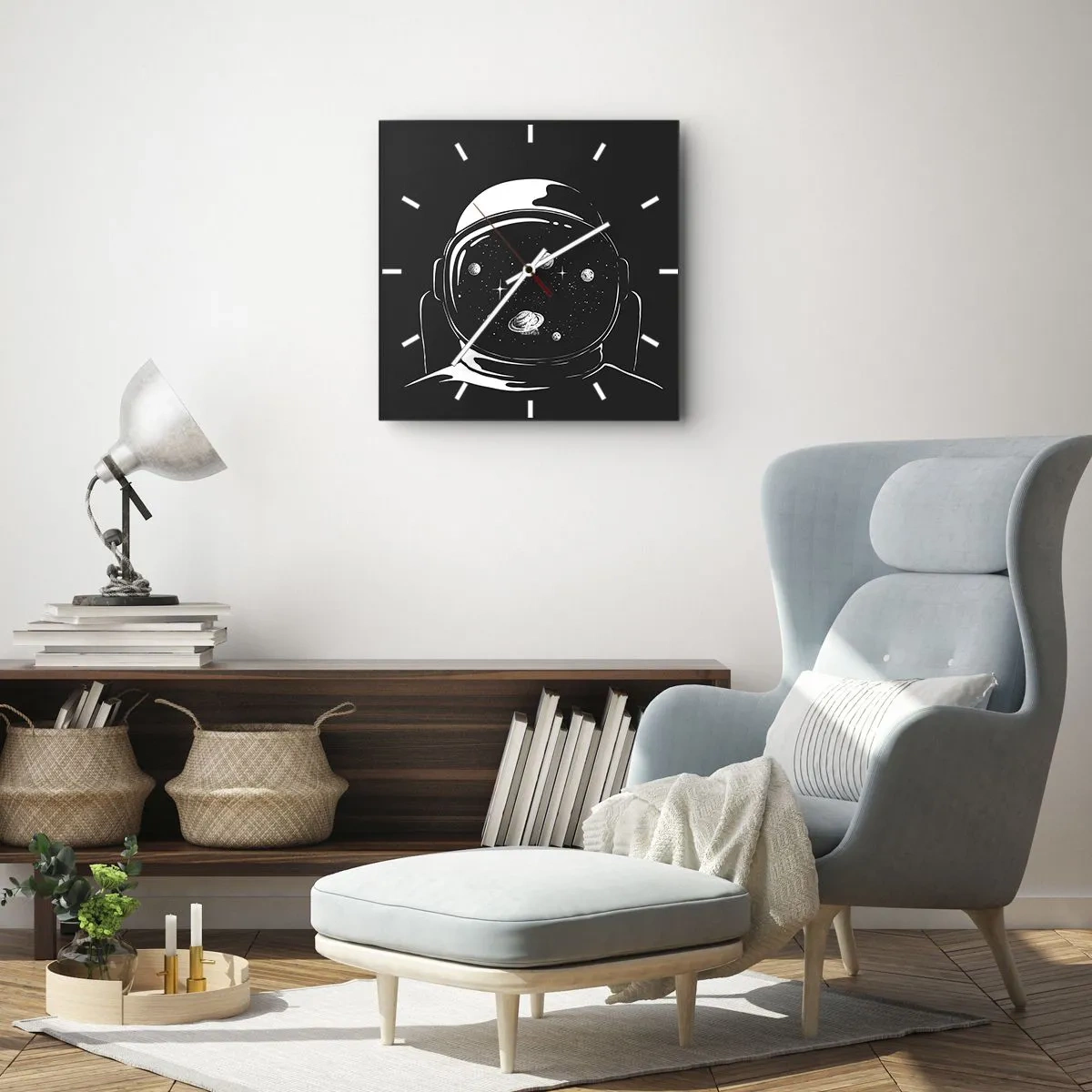 Wanduhr - Glasuhr - Ein minimalistischer Astronautenhelm mit Blick ins Weltall - 30x30cm - Schöne Aussicht - Moderne Wanddekoration für Wohnzimmer und Schlafzimmer ARTTOR