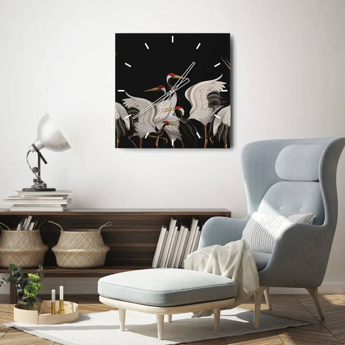 Wanduhr - Glasuhr - Weiße Kraniche mit roten Akzenten auf schwarzem Hintergrund - 30x30cm - Vogelsachen - Moderne Wanddekoration für Wohnzimmer und Schlafzimmer ARTTOR