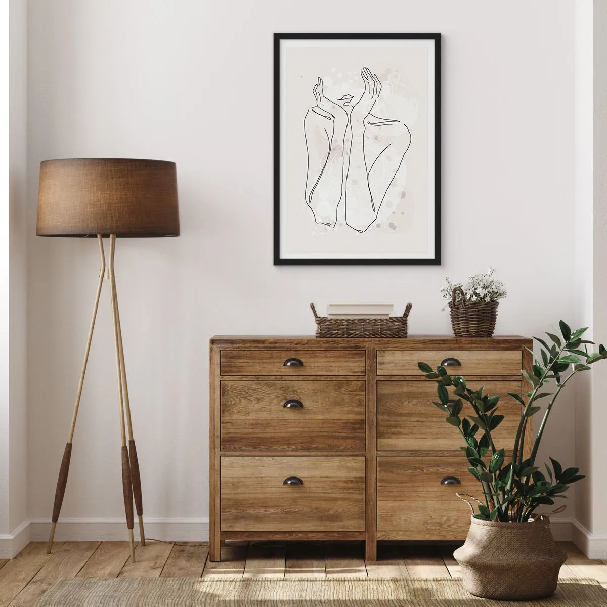 Poster in einem schwarzem Rahmen - Konturzeichnung einer Hand mit abstraktem Hintergrund in Beigetönen - 50x70cm - Ein träumerischer Moment - Moderne Wanddekoration für Wohnzimmer und Schlafzimmer ARTTOR