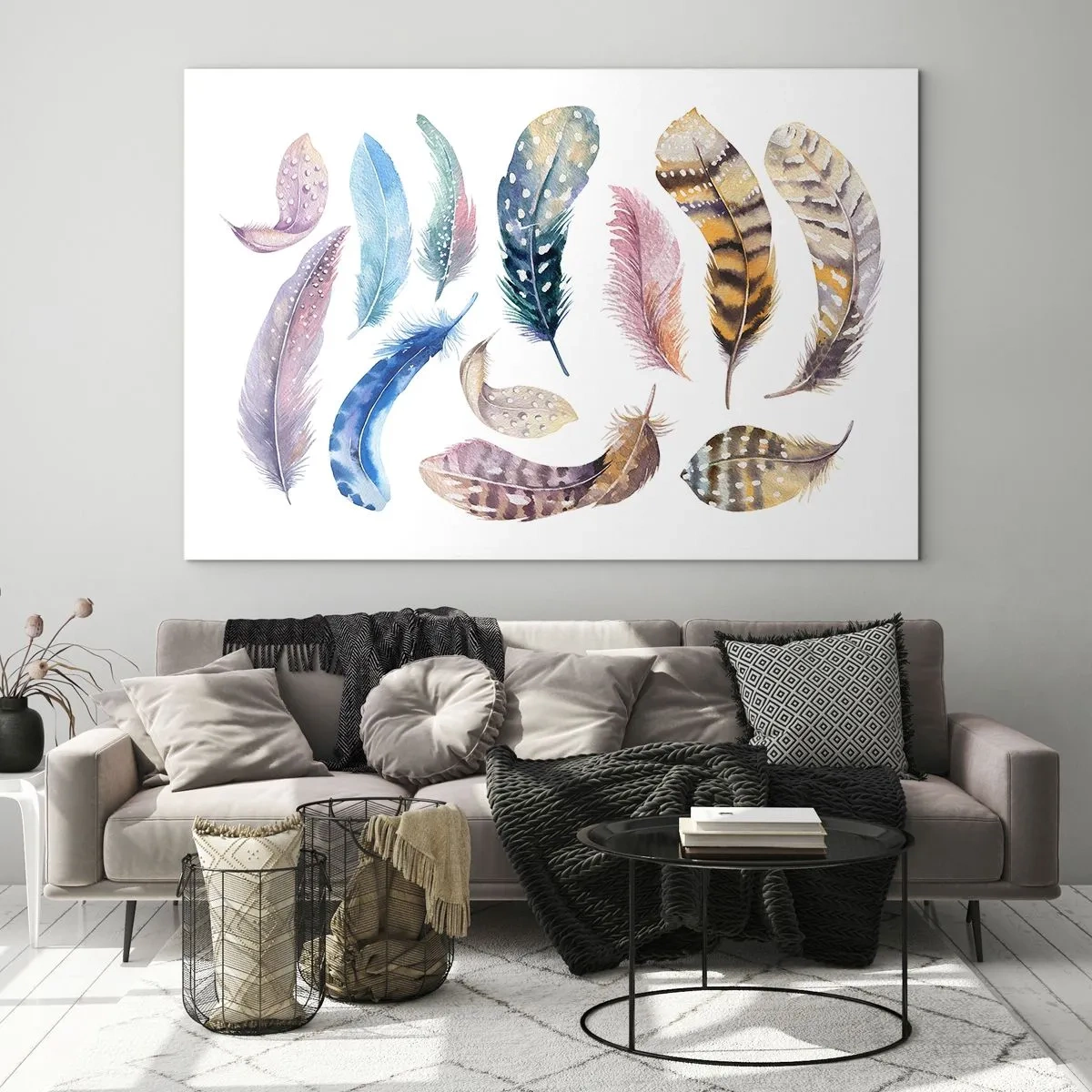 Glasbild - Bild auf glas - Bunte Federn im künstlerischen Stil auf weißem Hintergrund - 120x80cm - Hell, bunt und bunt - Moderne Wanddekoration für Wohnzimmer und Schlafzimmer ARTTOR