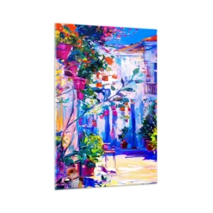 Glasbild - Bild auf glas - Eine bunte Straße voller Blumen - 70x100cm - Impresja - eine italienische Straße - Moderne Wanddekoration für Wohnzimmer und Schlafzimmer ARTTOR