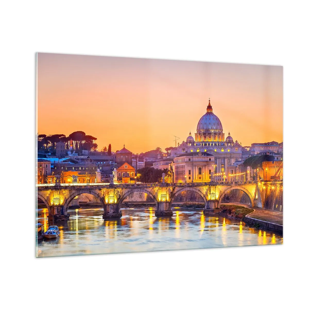 Glasbild - Bild auf glas - Brücke und Basilika in Rom bei Sonnenuntergang - 100x70cm - Sonnenuntergang über der ewigen Stadt - Moderne Wanddekoration für Wohnzimmer und Schlafzimmer ARTTOR
