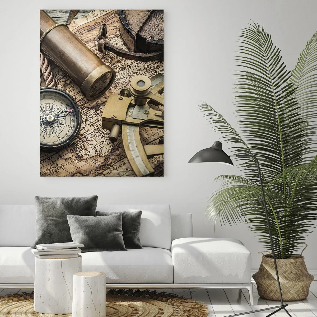 Glasbild - Bild auf glas - Ein Kompass, ein Sextant und ein Teleskop vor dem Hintergrund einer alten Karte und eines Seeseils. - 80x120cm - Setze Sie einen Kurs - Moderne Wanddekoration für Wohnzimmer und Schlafzimmer ARTTOR