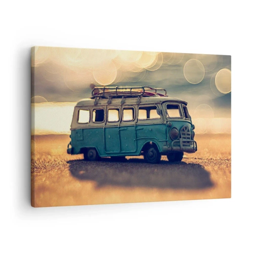 Bild auf Leinwand - Leinwandbild - Retro-Bus gegen verschwommenes Licht - 70x50cm - Das Ende der Idole: Geld und Arbeit - Moderne Wanddekoration für Wohnzimmer und Schlafzimmer ARTTOR