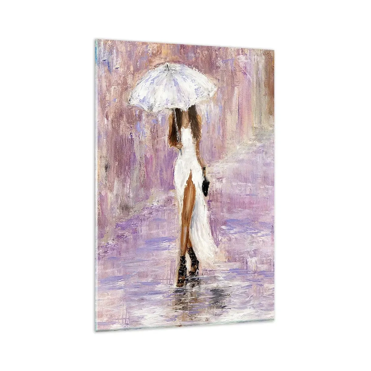 Glasbild - Bild auf glas - Eine Frau mit einem Regenschirm, die im Regen in Fliedertönen läuft - 80x120cm - Im lila Regen - Moderne Wanddekoration für Wohnzimmer und Schlafzimmer ARTTOR