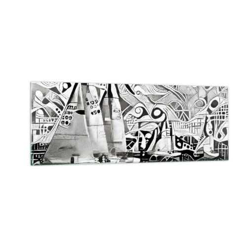 Glasbild - Bild auf glas - Abstrakte Segelboote in einer monochromen Komposition - 140x50cm - Zwischen den Wellen - Moderne Wanddekoration für Wohnzimmer und Schlafzimmer ARTTOR
