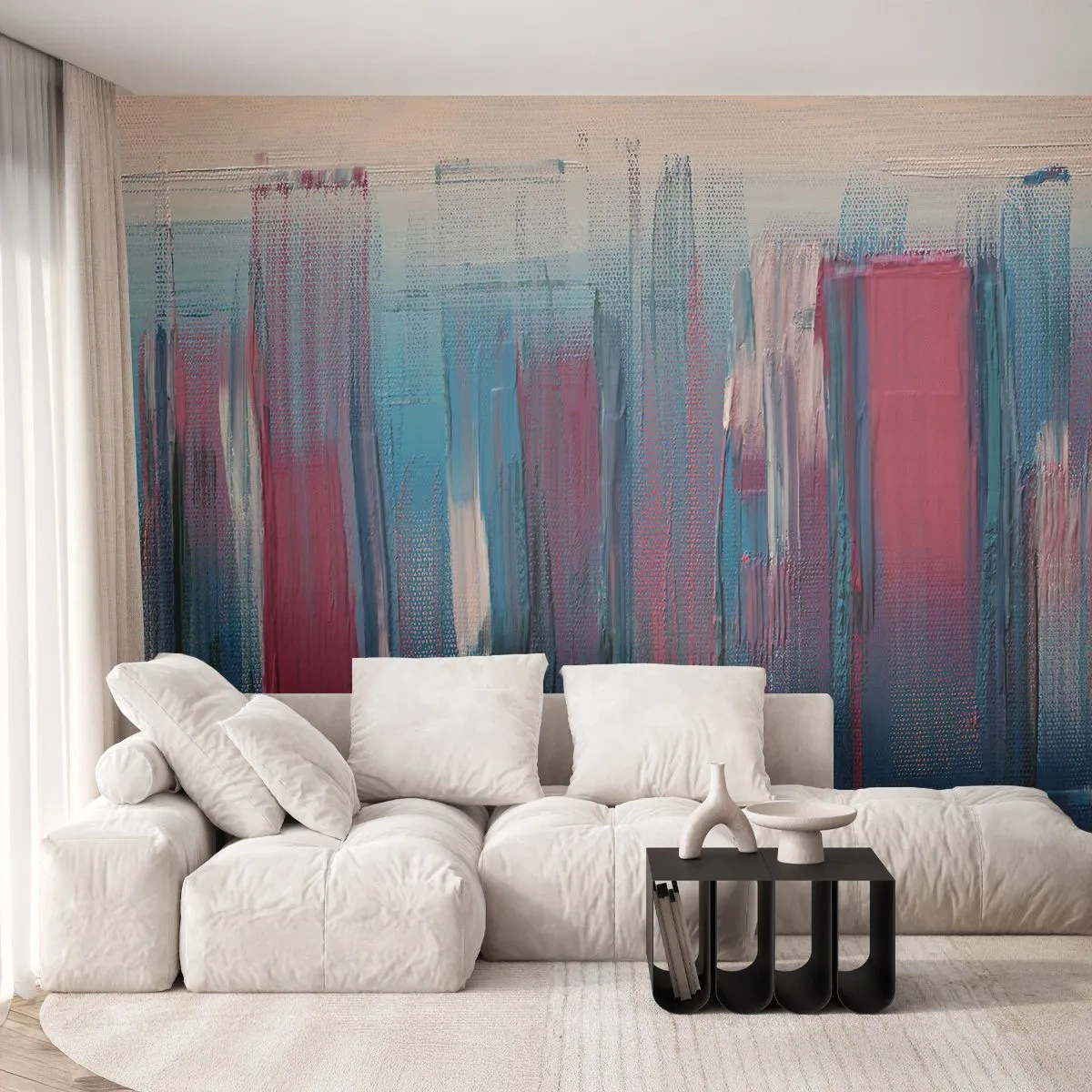 Fototapete Premium Sand - Abstrakte vertikale Formen in Blau- und Rottönen - 100x70cm - Vertikale Komposition in Blau und Rot - Moderne Wanddekoration für Wohnzimmer und Schlafzimmer ARTTOR