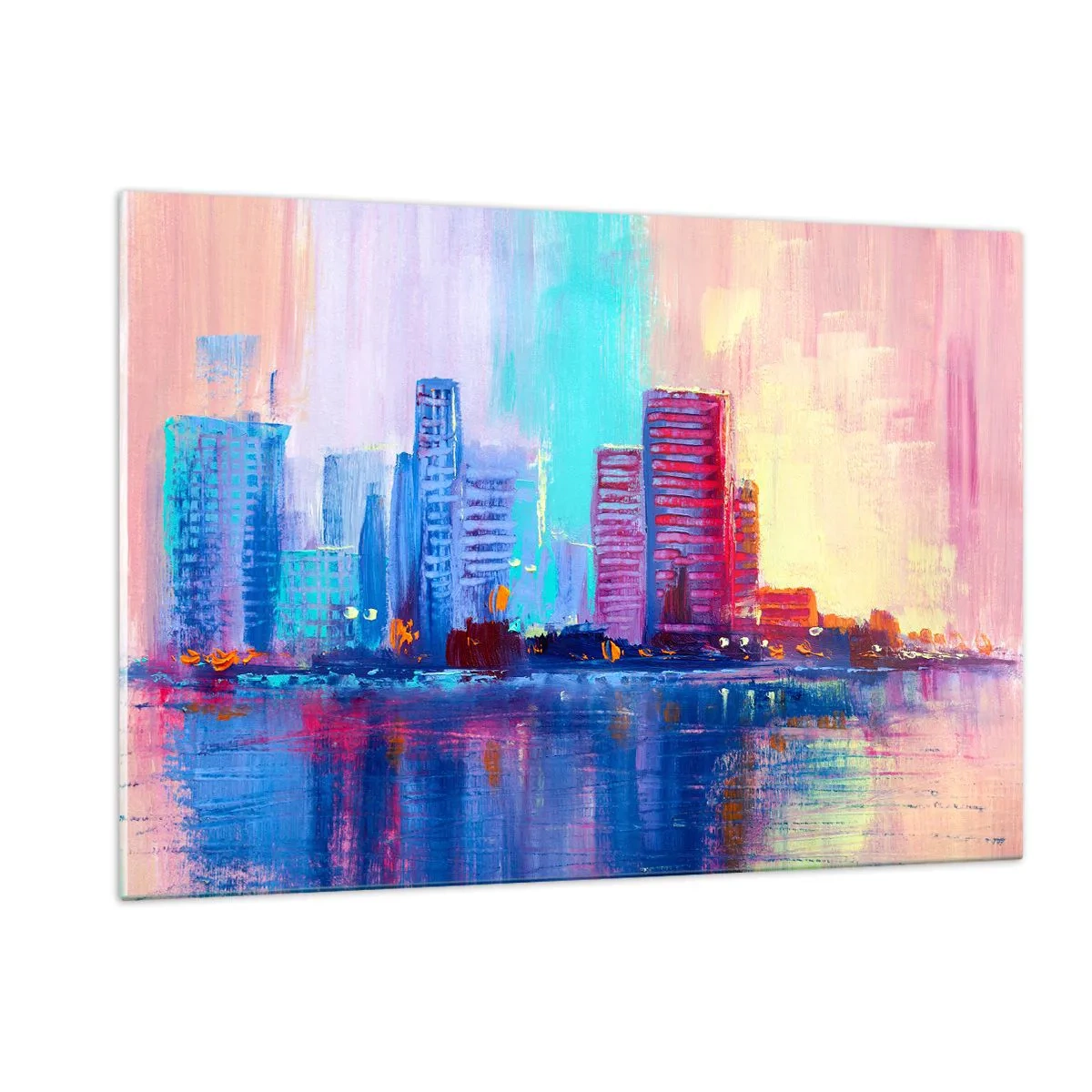 Glasbild - Bild auf glas - Eine moderne Stadt in intensiven Farben, die sich im Wasser spiegelt - 120x80cm - In Farben getaucht - Moderne Wanddekoration für Wohnzimmer und Schlafzimmer ARTTOR