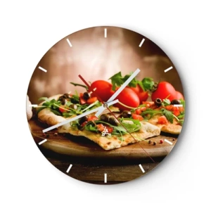Wanduhr - Glasuhr - Pizza mit Rucola, Tomaten und Oliven auf einem Holzbrett - 30x30cm - Direkt vom Herd und aus dem Garten - Moderne Wanddekoration für Wohnzimmer, Küche und Schlafzimmer ARTTOR