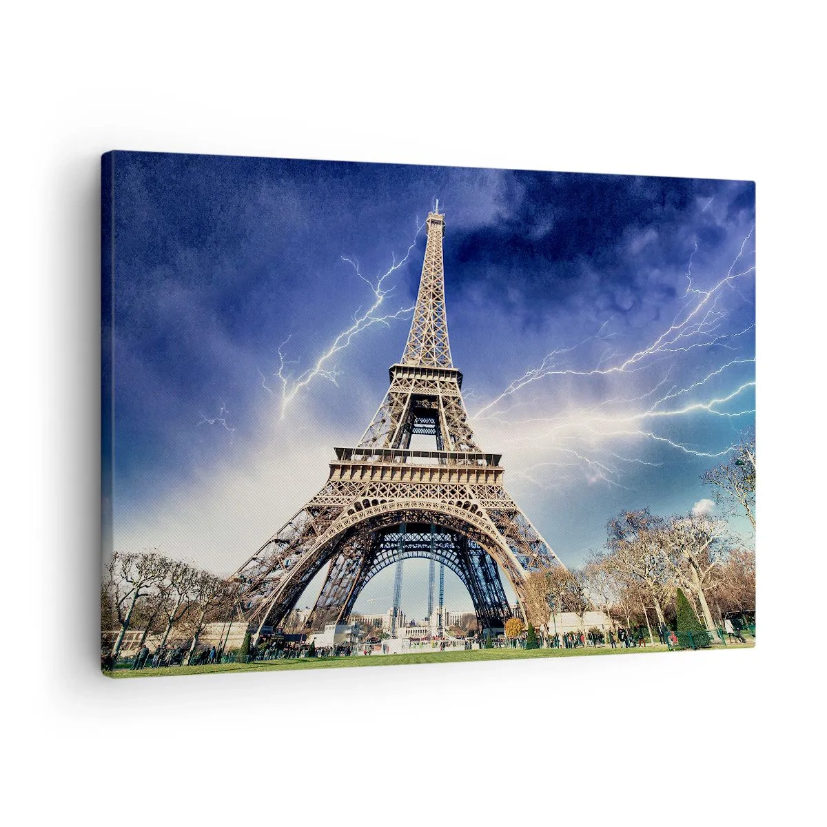 Bild auf Leinwand - Leinwandbild - Der Eiffelturm mit stürmischem Himmel und Blitzen im Hintergrund - 70x50cm - Herrscherin der Stürme - Moderne Wanddekoration für Wohnzimmer und Schlafzimmer ARTTOR