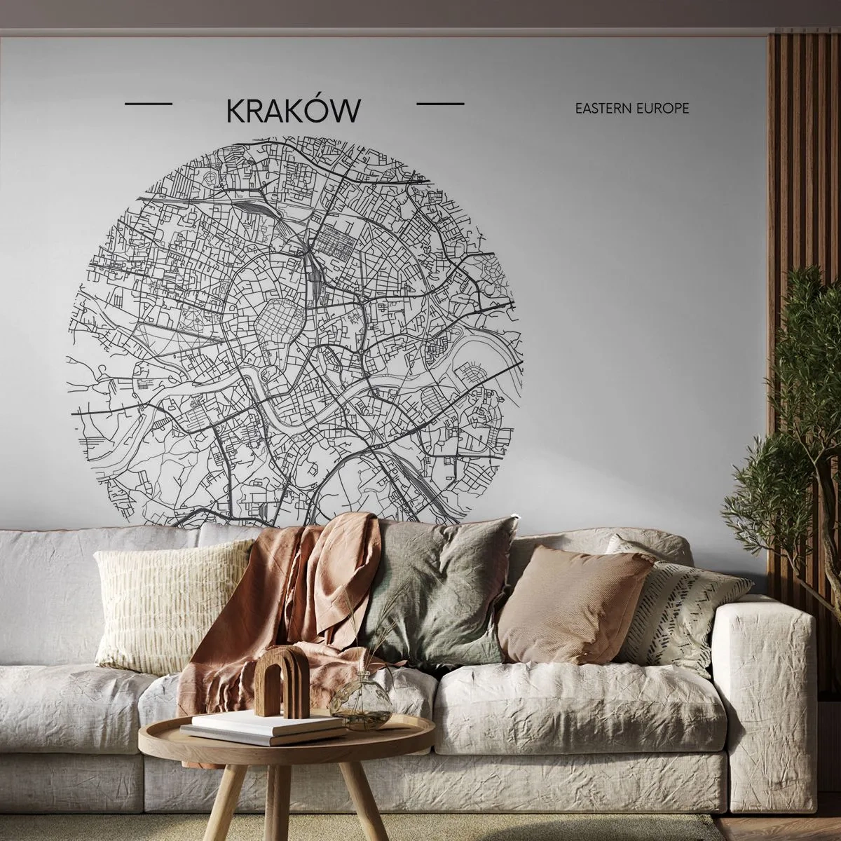 Fototapete Premium Sand - Eine Karte von Krakau in einem runden Rahmen auf weißem Hintergrund - 100x70cm - Anatomie von Krakau - Moderne Wanddekoration für Wohnzimmer und Schlafzimmer ARTTOR