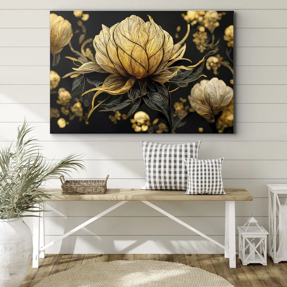 Bild auf Leinwand - Leinwandbild - Goldene Blume auf dunklem Hintergrund - 100x70cm - Subtile Zerbrechlichkeit - Moderne Wanddekoration für Wohnzimmer und Schlafzimmer ARTTOR