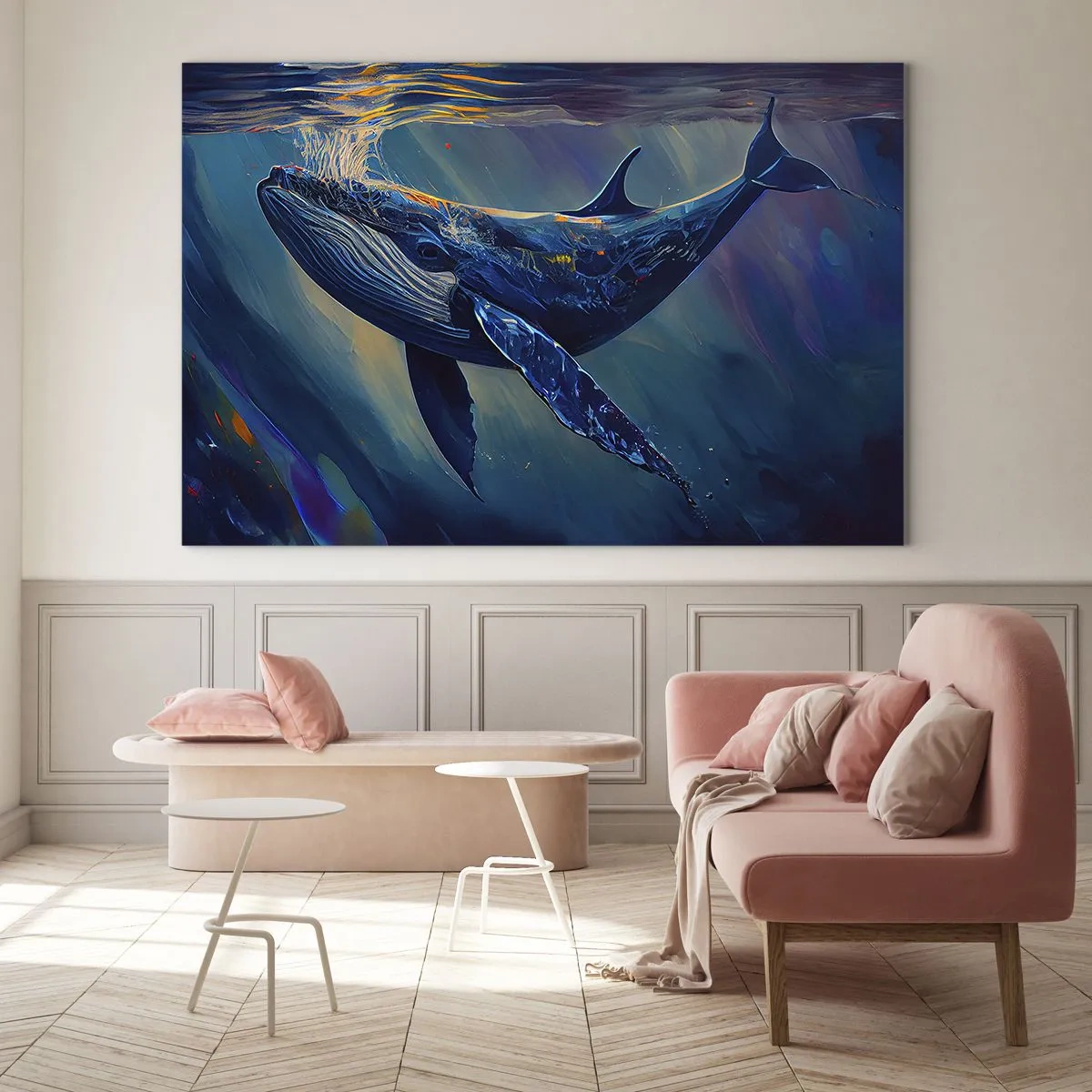 Glasbild - Bild auf glas - Ein Wal, der im Sonnenlicht unter Wasser schwimmt - 70x50cm - Willkommen in meiner Welt - Moderne Wanddekoration für Wohnzimmer und Schlafzimmer ARTTOR