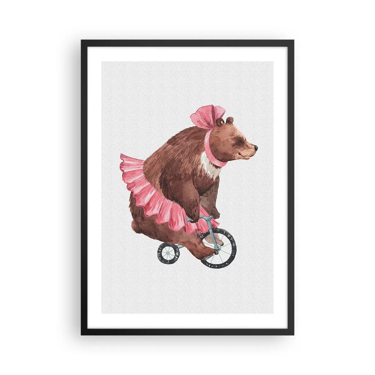 Poster in einem schwarzem Rahmen - Aquarellillustration eines Bären in einem rosa Rock, der Fahrrad fährt. - 50x70cm - Was für ein Affentheater! - Moderne Wanddekoration für Wohnzimmer und Schlafzimmer ARTTOR