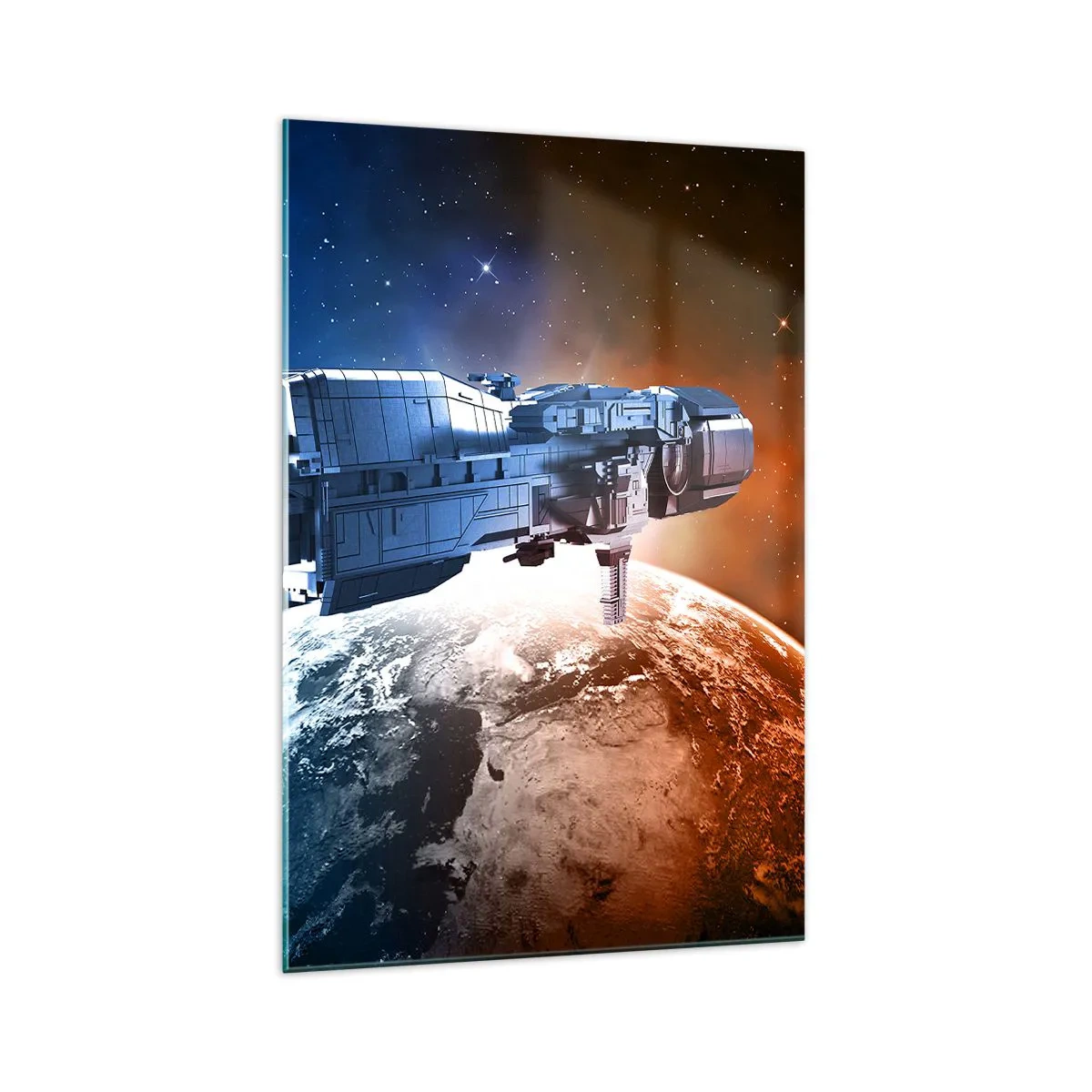 Glasbild - Bild auf glas - Ein Raumschiff vor dem Hintergrund eines Planeten im Weltraum - 70x100cm - Ein aufmerksamer Beobachter - Moderne Wanddekoration für Wohnzimmer und Schlafzimmer ARTTOR