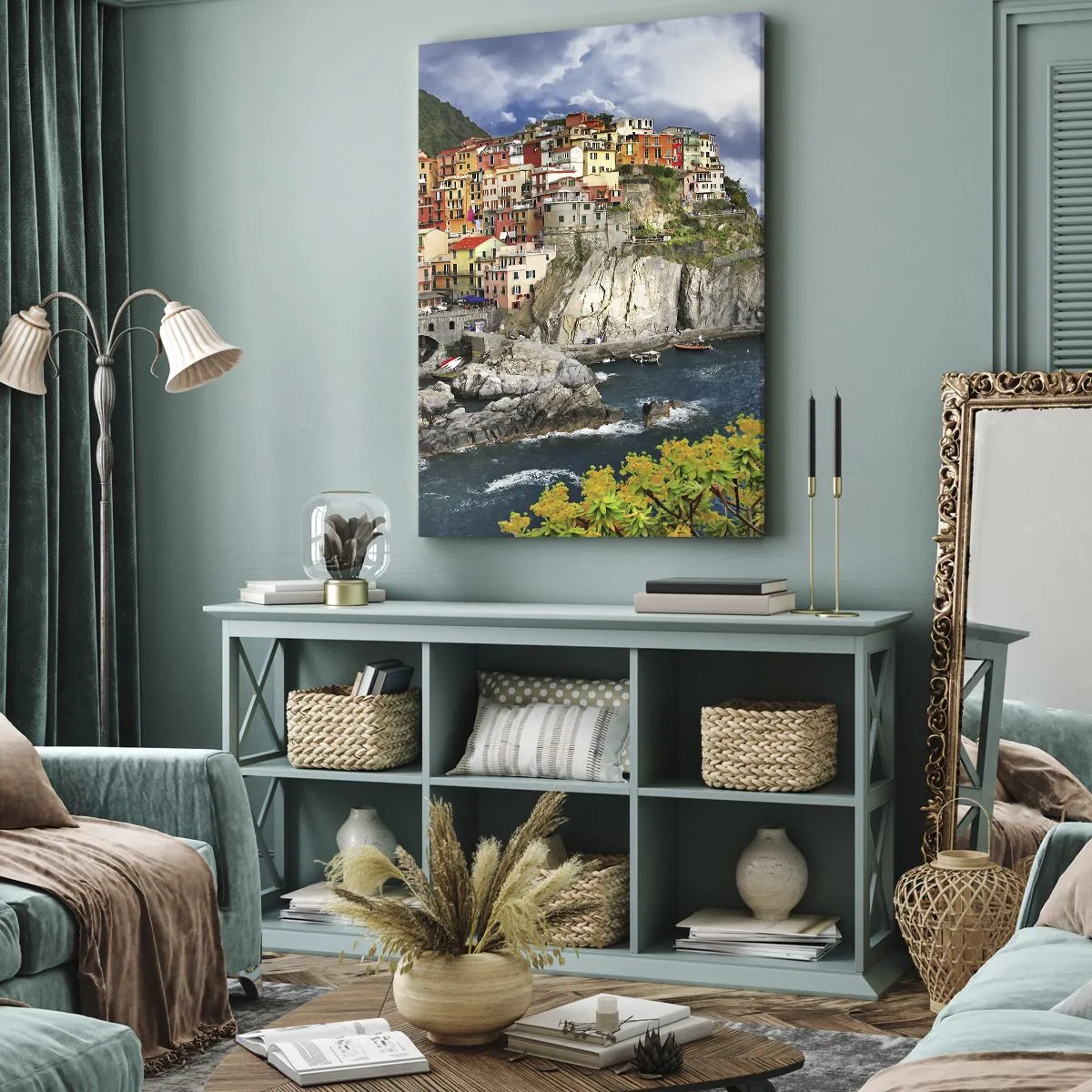 Bild auf Leinwand - Leinwandbild - Bunte Häuser auf einer Klippe mit Blick auf das Meer in Cinque Terre - 80x120cm - Eine Gruppe umarmt die Felsen - Moderne Wanddekoration für Wohnzimmer und Schlafzimmer ARTTOR