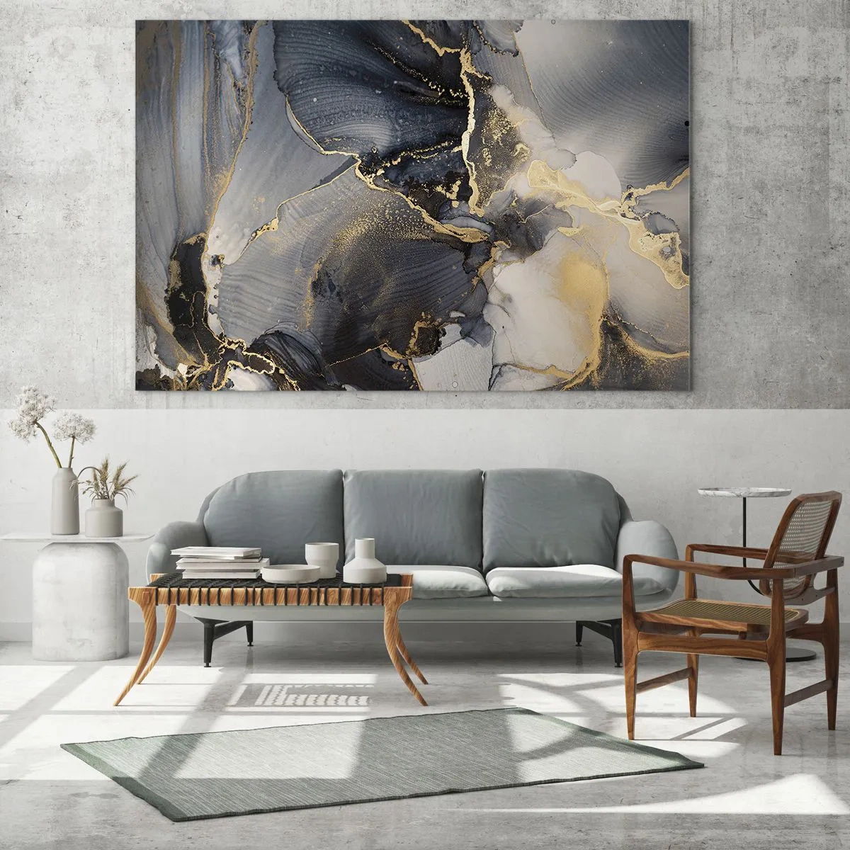 Glasbild - Bild auf glas - Abstraktes Gold und Grau auf Leinwand - 160x50cm - Leben aus Stein - Moderne Wanddekoration für Wohnzimmer und Schlafzimmer ARTTOR