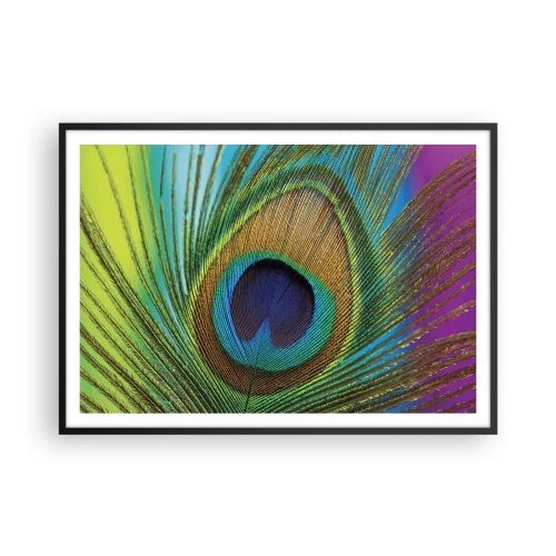 Poster in einem schwarzem Rahmen - Nahaufnahme einer Pfauenfeder mit lebendigen Farben - 100x70cm - Auge in Auge - Moderne Wanddekoration für Wohnzimmer und Schlafzimmer ARTTOR