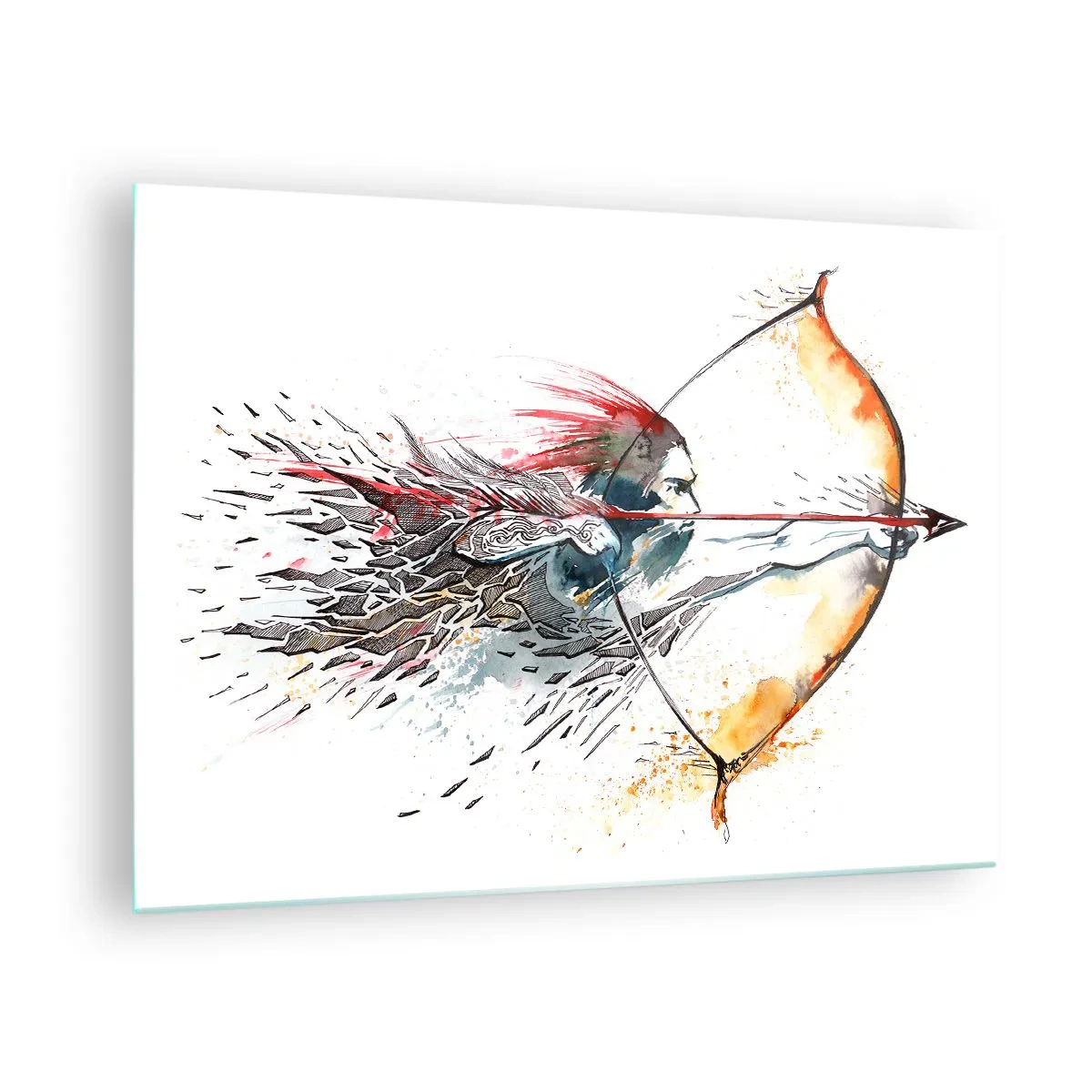 Glasbild - Bild auf glas - Bogenschütze in einer dynamischen Aquarellkulisse - 70x50cm - Mythischer Krieger mit feurigem Bogen - Moderne Wanddekoration für Wohnzimmer und Schlafzimmer ARTTOR