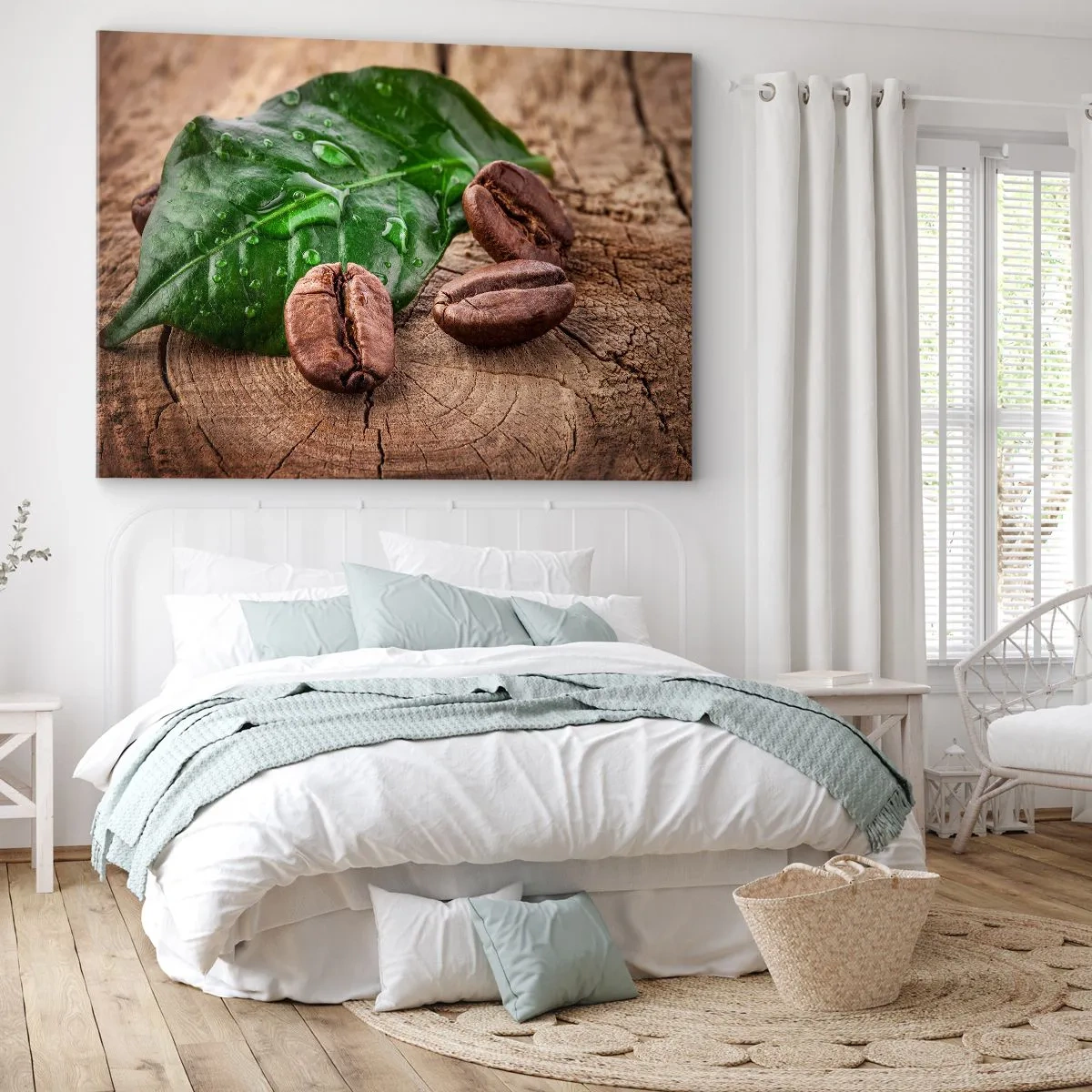 Bild auf Leinwand - Leinwandbild - Kaffeebohnen und grünes Blatt auf einem hölzernen Hintergrund - 70x50cm - Der wahrste und schwarze - Moderne Wanddekoration für Wohnzimmer und Schlafzimmer ARTTOR