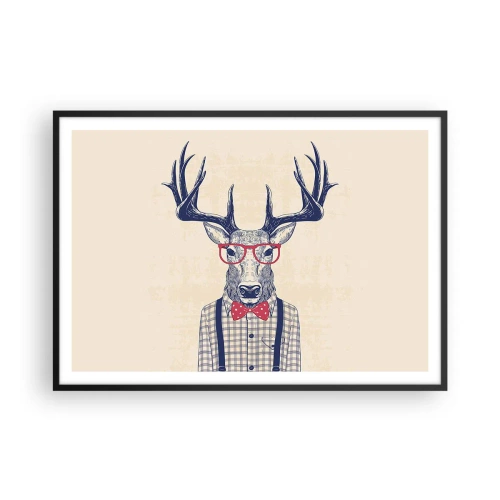 Poster in einem schwarzem Rahmen - Stilisierte Grafik eines Hirsches mit Brille und Fliege - 100x70cm - Eine lustige Extravaganz - Moderne Wanddekoration für Wohnzimmer und Schlafzimmer ARTTOR