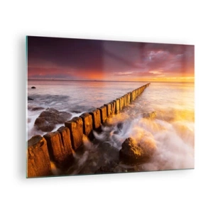 Glasbild - Bild auf glas - Sonnenuntergang über dem Meer mit einem hölzernen Wellenbrecher - 70x50cm - Die Sanftheit der Wellen - Moderne Wanddekoration für Wohnzimmer und Schlafzimmer ARTTOR
