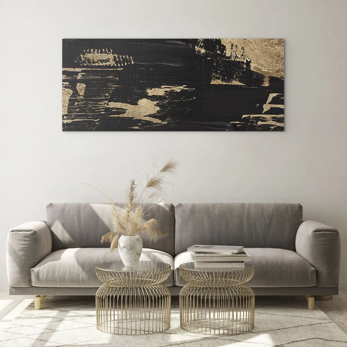 Glasbild - Bild auf glas - Abstrakte Komposition in Schwarz- und Goldtönen - 160x50cm - Spur einer Berührung - Moderne Wanddekoration für Wohnzimmer und Schlafzimmer ARTTOR