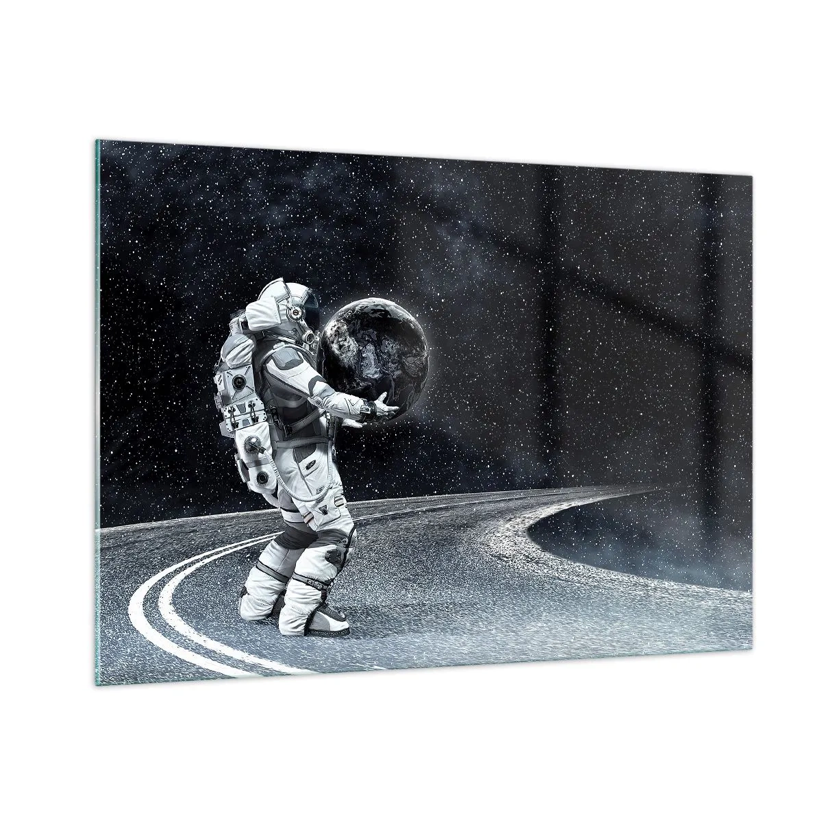 Glasbild - Bild auf glas - Ein Astronaut trägt die Erde auf ihrem Weg durch das Universum - 100x70cm - Auf der Milchstraße - Moderne Wanddekoration für Wohnzimmer und Schlafzimmer ARTTOR