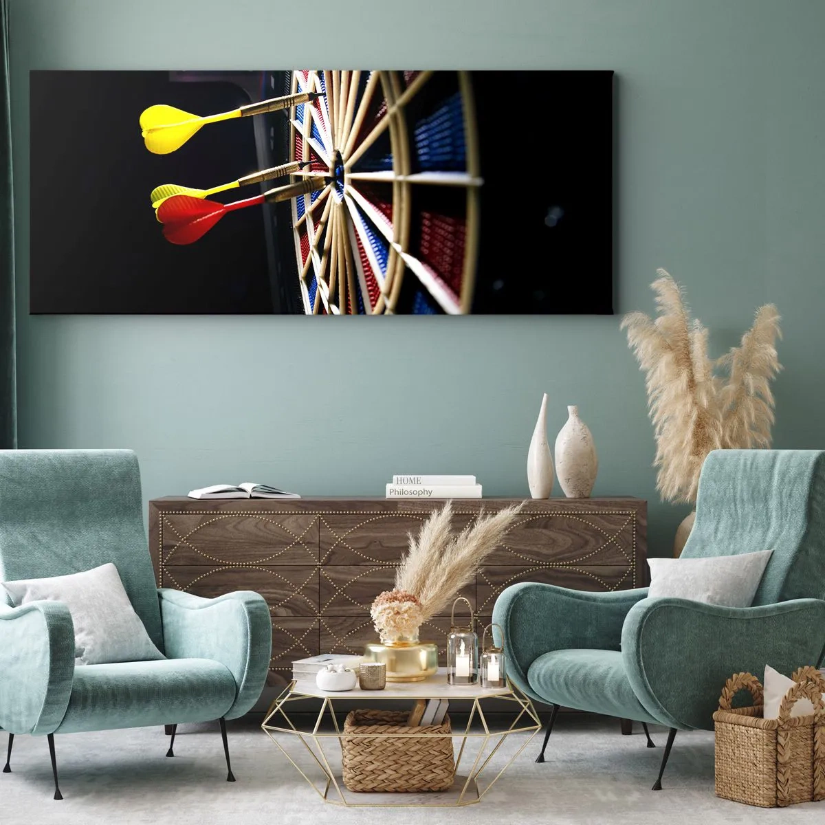 Bild auf Leinwand - Leinwandbild - Eine Dartscheibe mit getroffenen Darts auf schwarzem Hintergrund - 160x50cm - Auf den Punkt gebracht - Moderne Wanddekoration für Wohnzimmer und Schlafzimmer ARTTOR