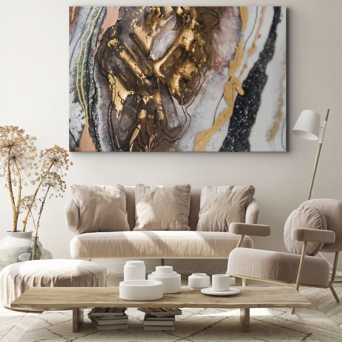 Bild auf Leinwand - Leinwandbild - Abstrakte Komposition mit Elementen aus Gold und Kristallen - 70x50cm - Das Element der Erde - Moderne Wanddekoration für Wohnzimmer und Schlafzimmer ARTTOR