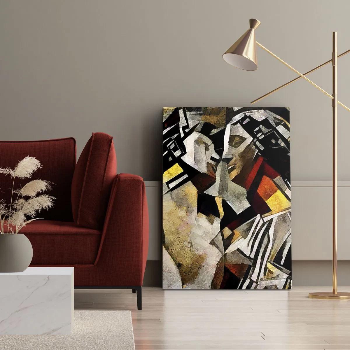 Bild auf Leinwand - Leinwandbild - Abstrakte Komposition mit Silhouetten in dynamischer Form - 50x70cm - Ein statuenhafter Kuss - Moderne Wanddekoration für Wohnzimmer und Schlafzimmer ARTTOR
