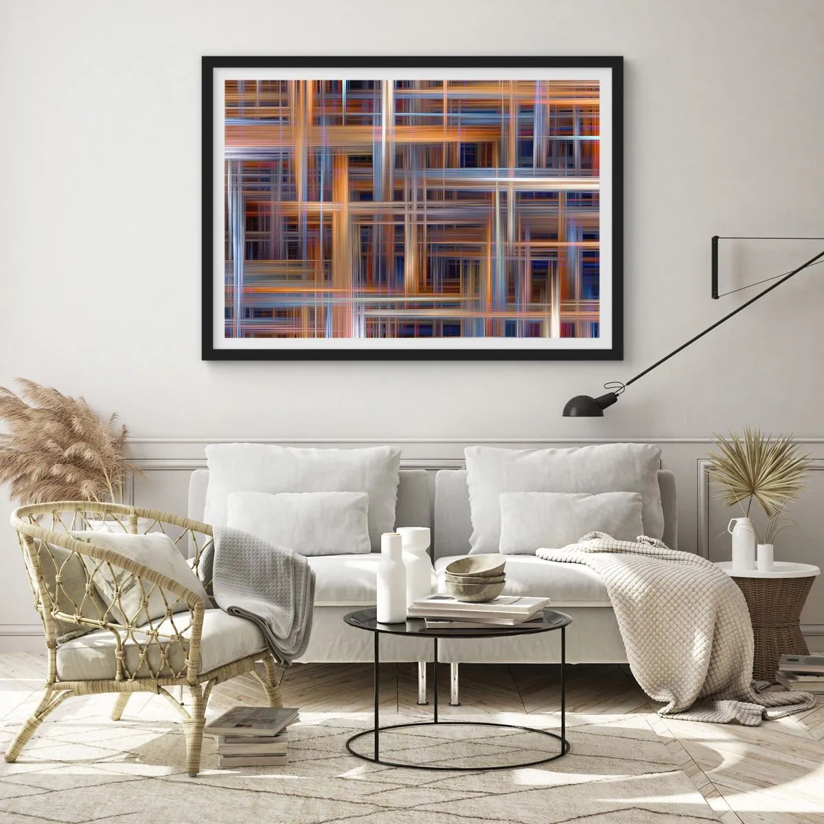 Poster in einem schwarzem Rahmen - Abstrakte geometrische Muster in Pastellfarben - 100x70cm - Aus Licht gewebt - Moderne Wanddekoration für Wohnzimmer und Schlafzimmer ARTTOR