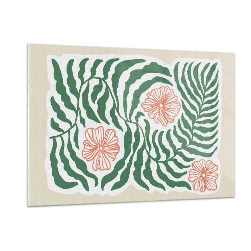 Glasbild - Bild auf glas - Grüne Blätter und rote Blüten in grafischer Anordnung - 120x80cm - Aufgeblüht in Grün - Moderne Wanddekoration für Wohnzimmer und Schlafzimmer ARTTOR
